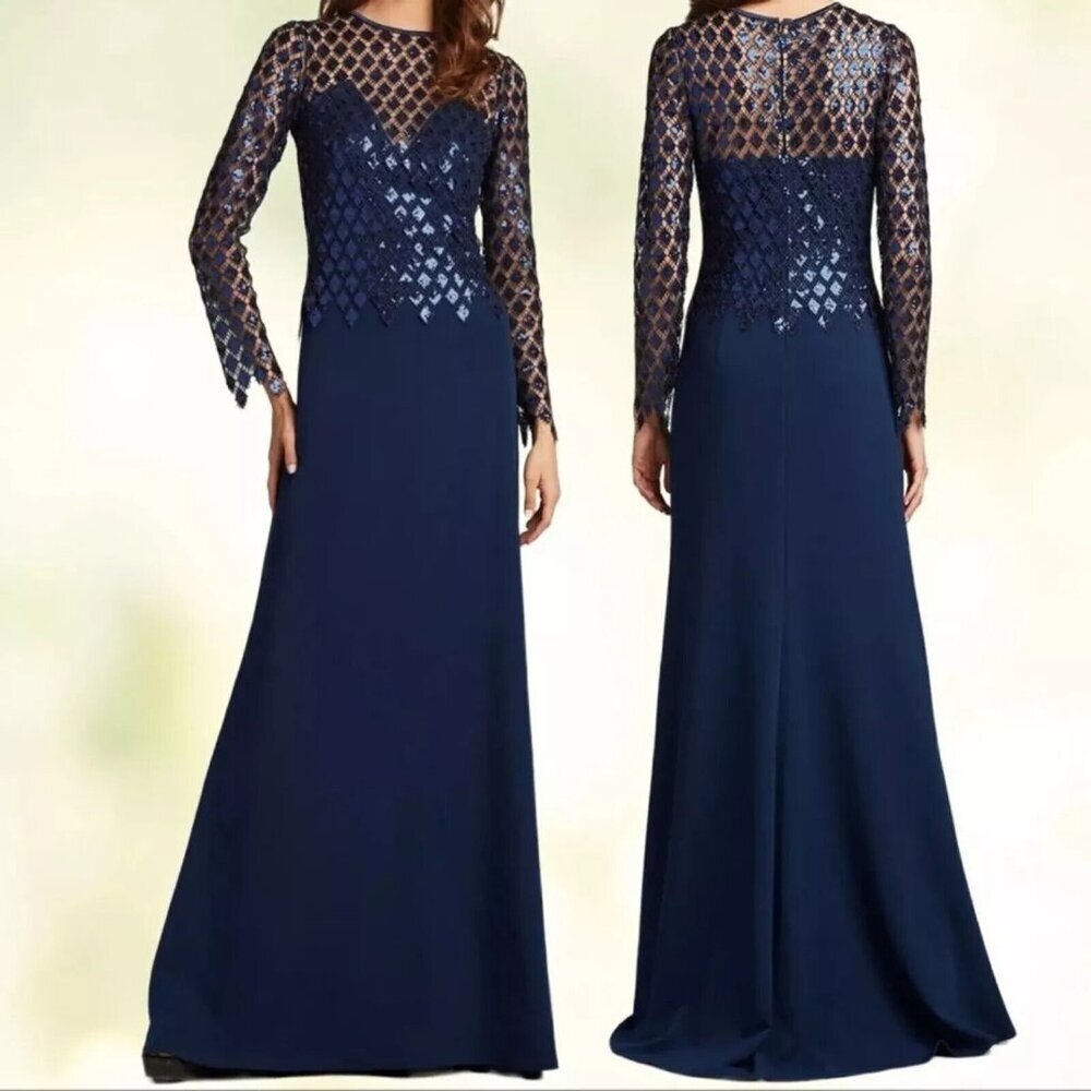 Tadashi Shoji Midnight Blue Sequined Diamond Crepe Gown